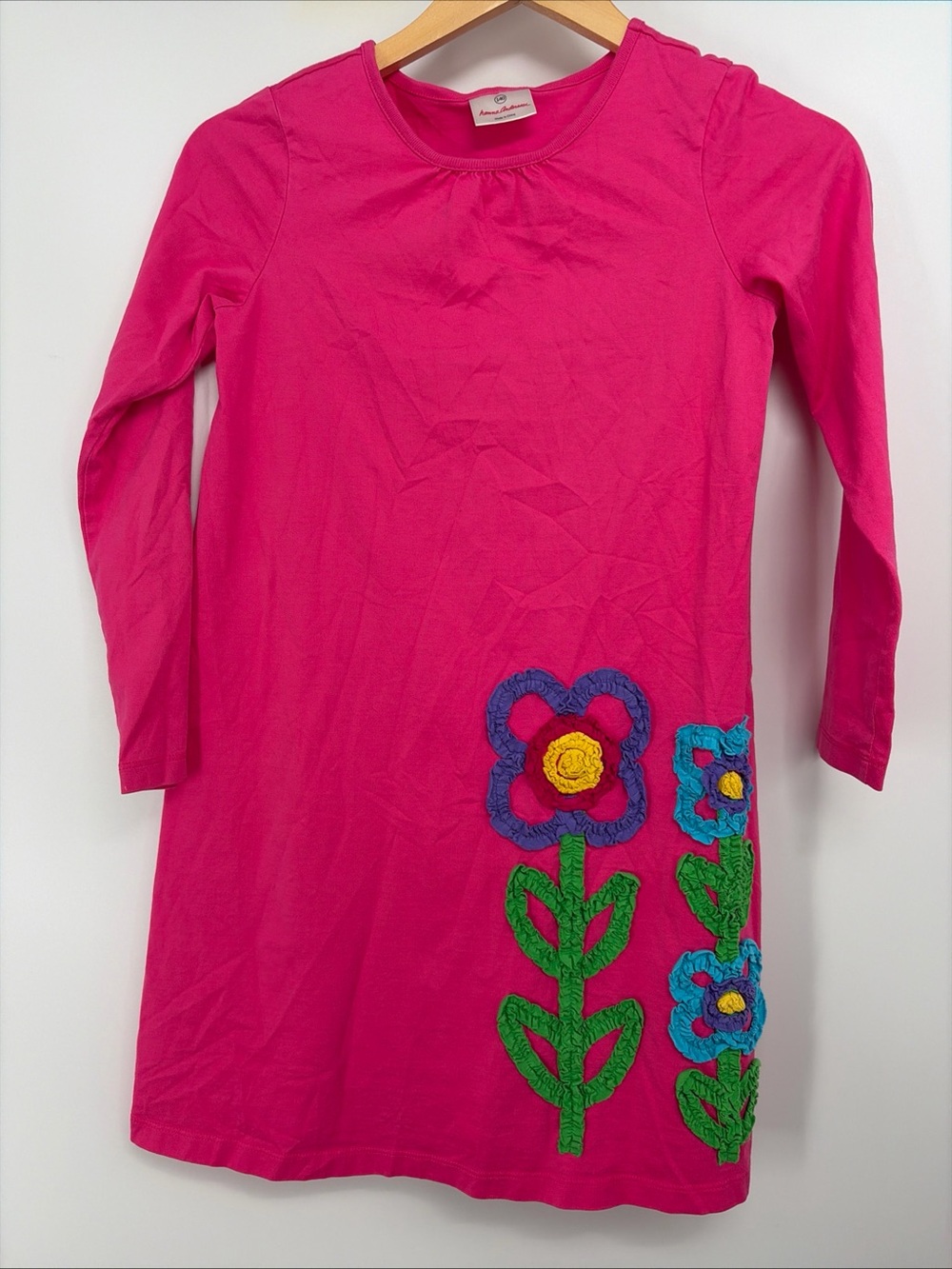 Hanna Andersson Girls Floral Appliqué Dress 140 US 10 Cotton Long Sleeve